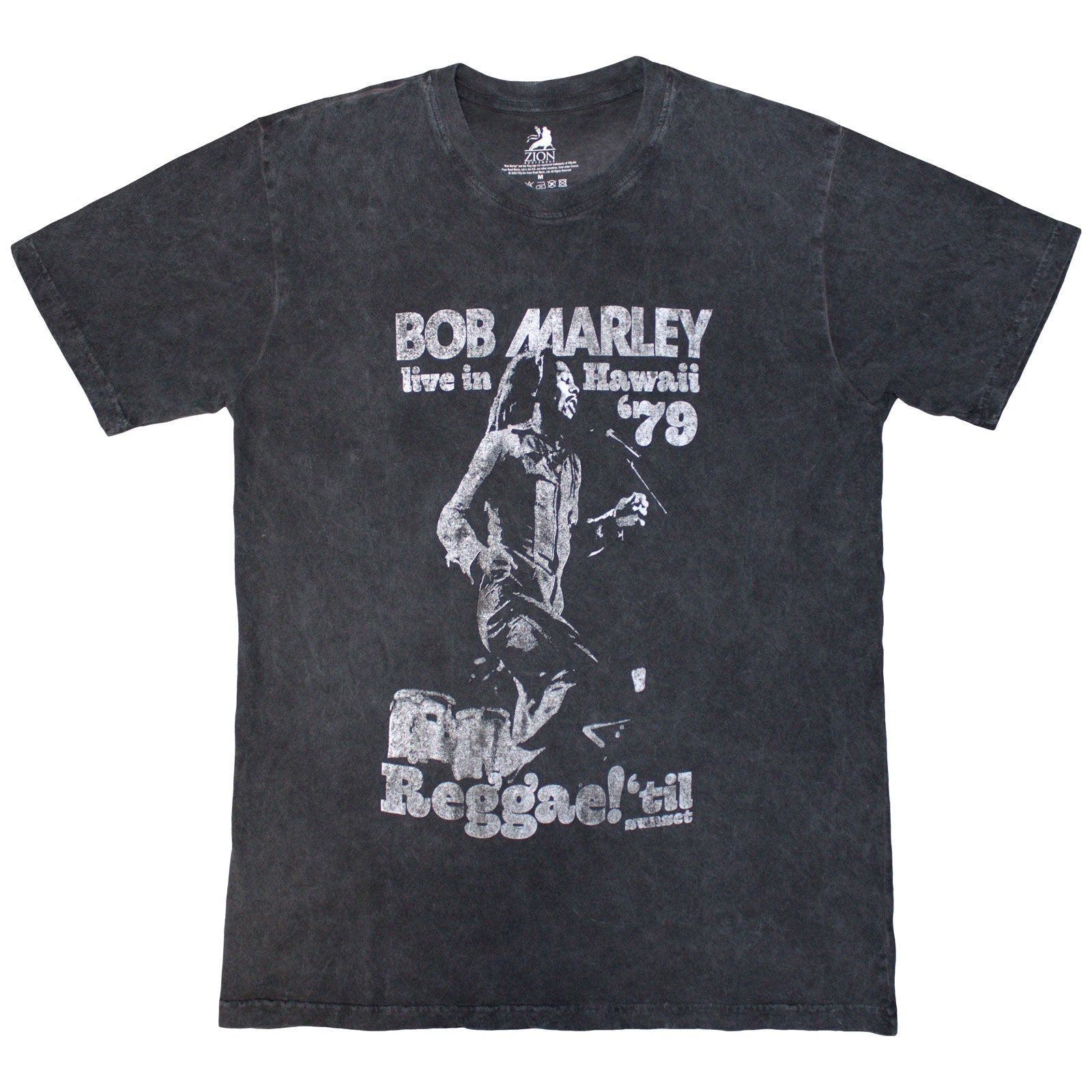 Gray washed t-shirt with Bob Marley Hawaii ‘79 concert graphic.