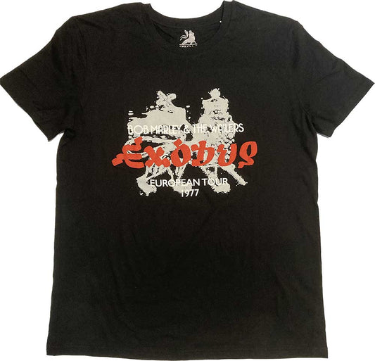 Black t-shirt featuring Bob Marley’s Exodus ‘77 European tour artwork, size XX-Large.