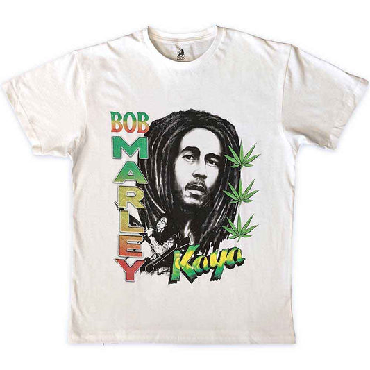 Black t-shirt with colorful illustration of Bob Marley and the word "Kaya".