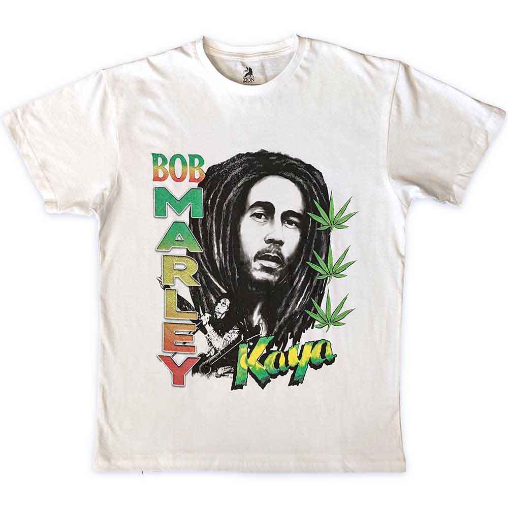 Black t-shirt with colorful illustration of Bob Marley and the word "Kaya".