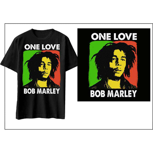 Large black t-shirt with a Bob Marley "One Love" design graphic.