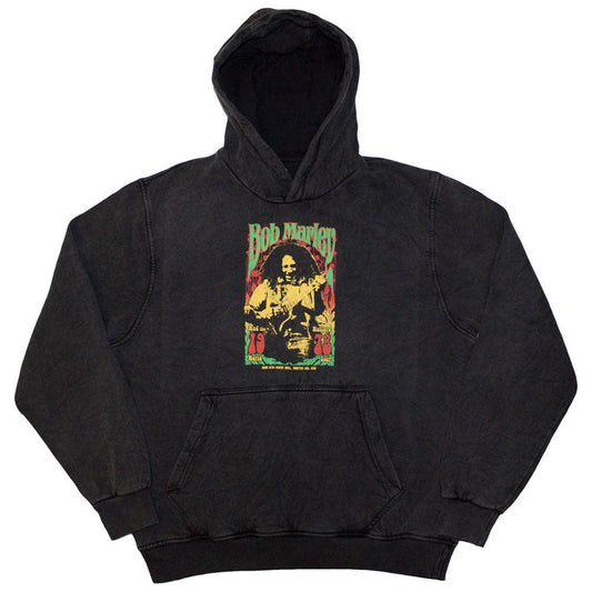 A grey unisex pullover hoodie featuring a vintage Bob Marley 1978 graphic print.