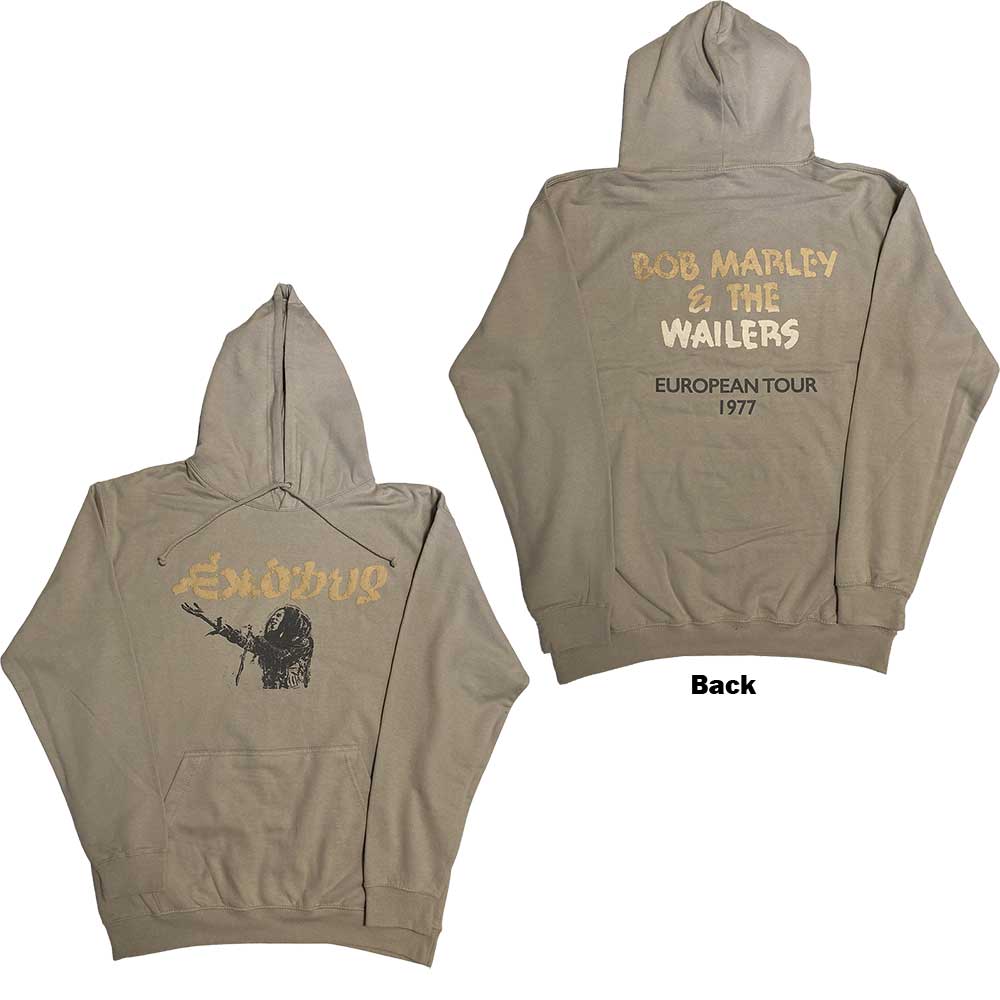 Large black hoodie featuring Bob Marley’s Exodus tour microphone image on the back.