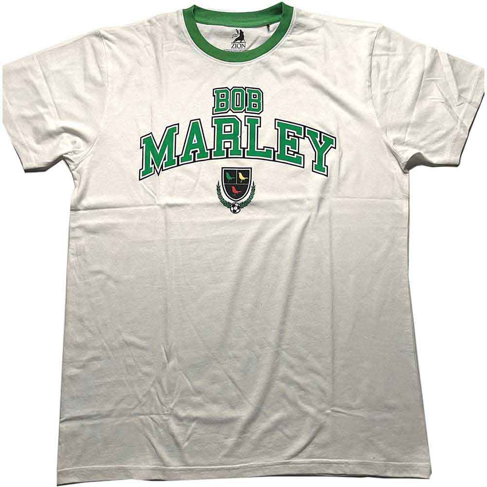 Large black t-shirt with Bob Marley collegiate crest design, ringer neckline.