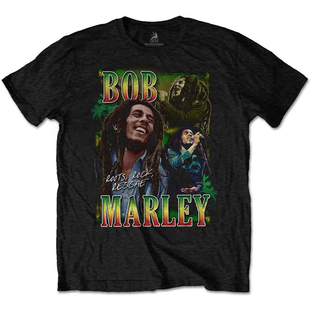 Man wearing a black t-shirt with a Bob Marley graphic and colorful text.