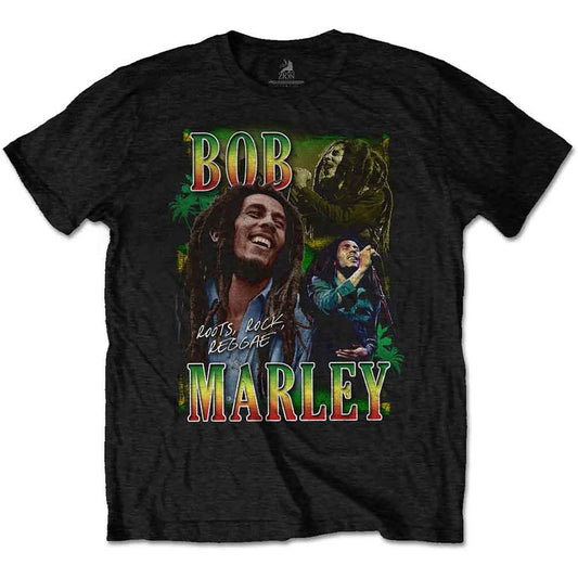 Man wearing a black t-shirt with a Bob Marley graphic and colorful text.