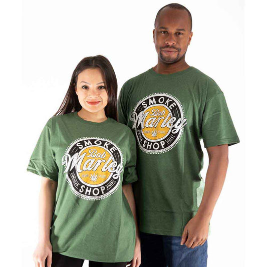 Black unisex t-shirt featuring a Bob Marley graphic print on the front.
