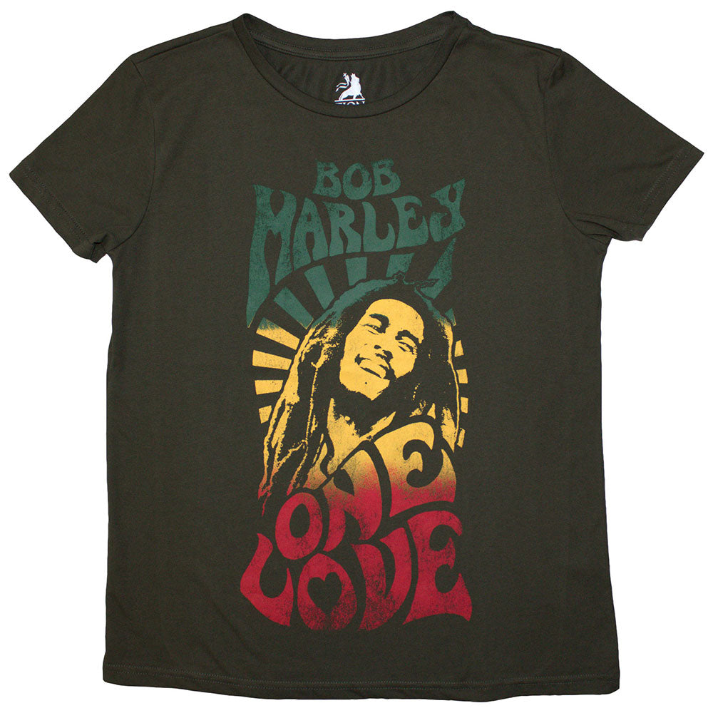 Large, stone-wash t-shirt with a gradient "One Love" Bob Marley design.