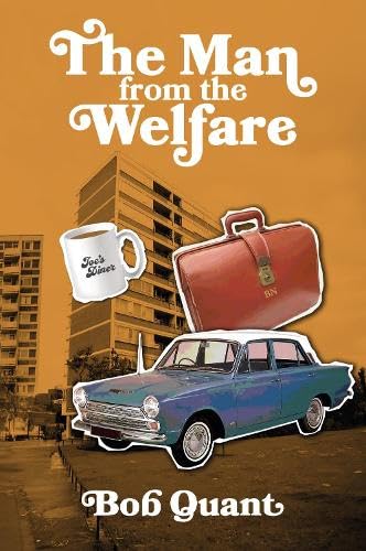 Book cover with a vintage car, briefcase, and coffee mug in front of buildings.