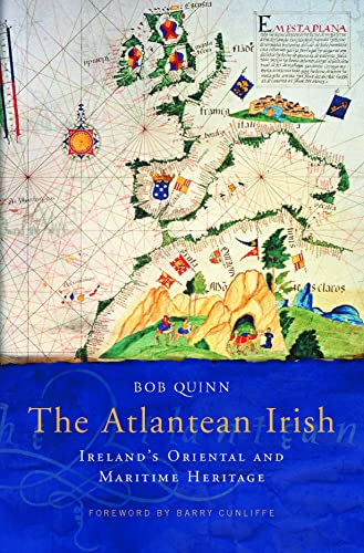 Vintage map background with book title: "The Atlantean Irish" by Bob Quinn.