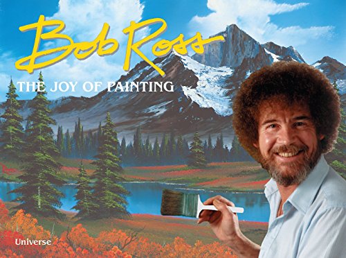 Bob Ross with a painted landscape and holding a paintbrush.