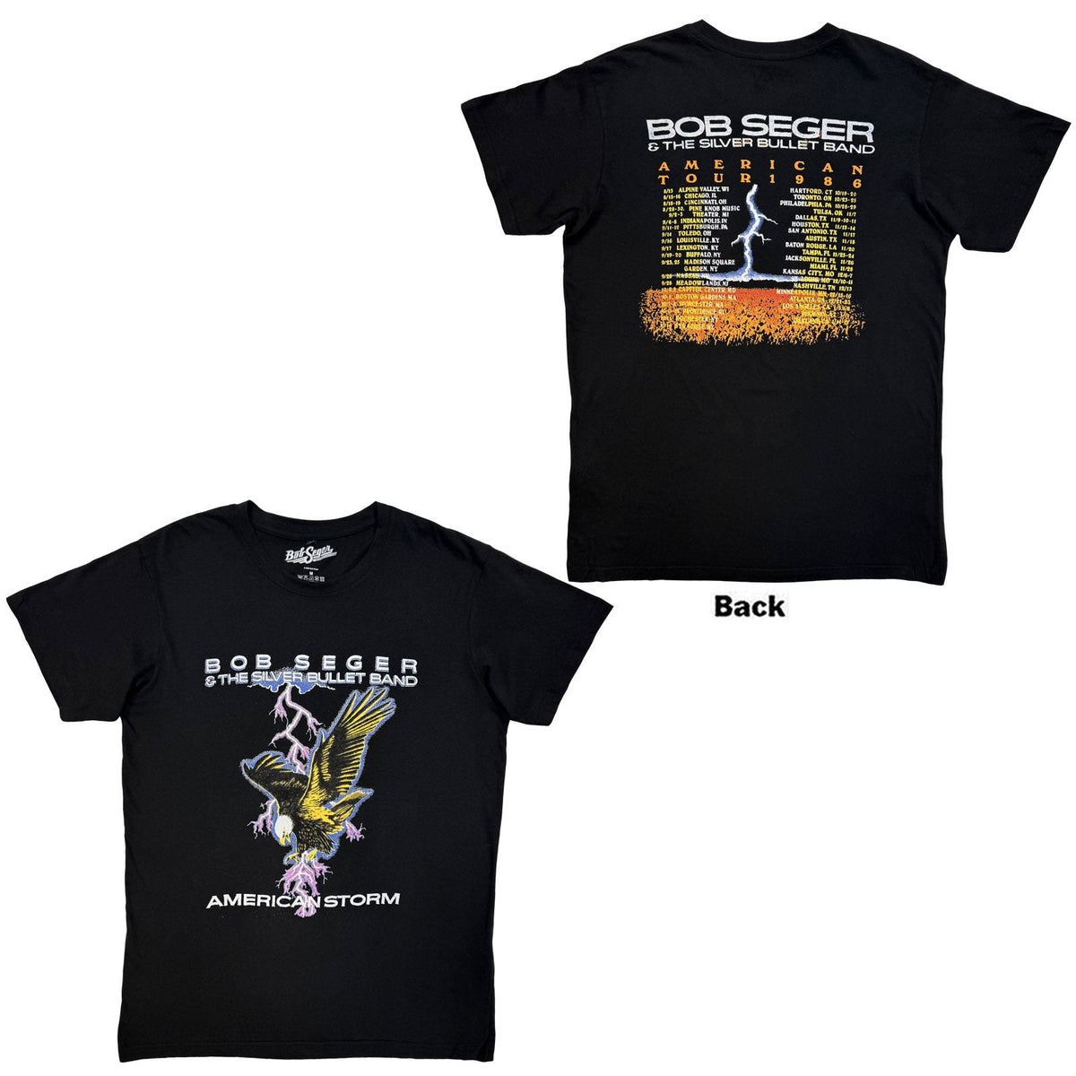 Black t-shirt with Bob Seger’s 1986 American Tour dates and lightning graphic.