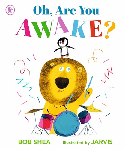 Children’s book cover: lion playing drums with a penguin on its head.
