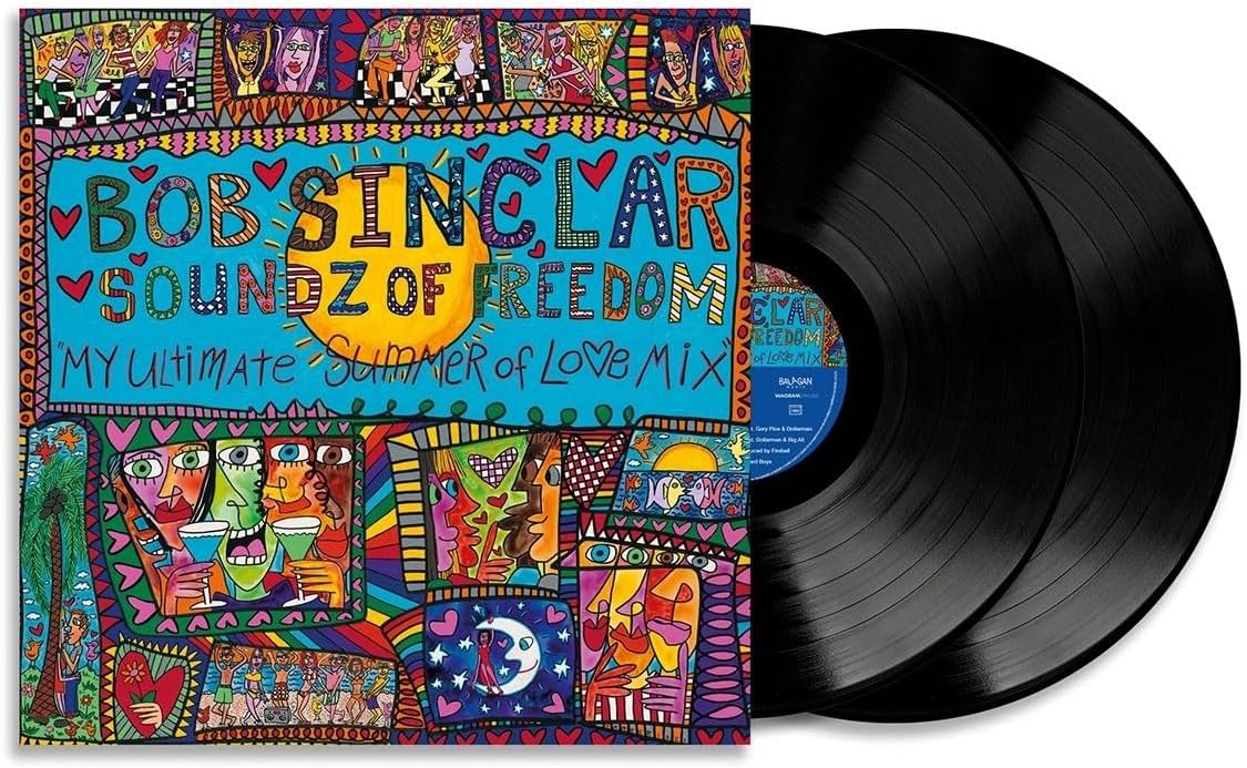 Bob Sinclar Soundz of Freedom vinyl album cover with colorful, abstract, folk-art style illustrations.