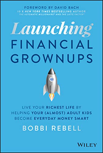 Book cover: "Launching Financial Grownups" with a rocket illustration.