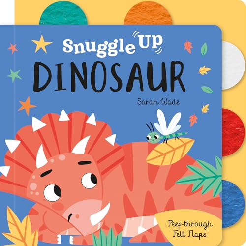 Children’s book cover with a red triceratops, insect, and felt flaps.