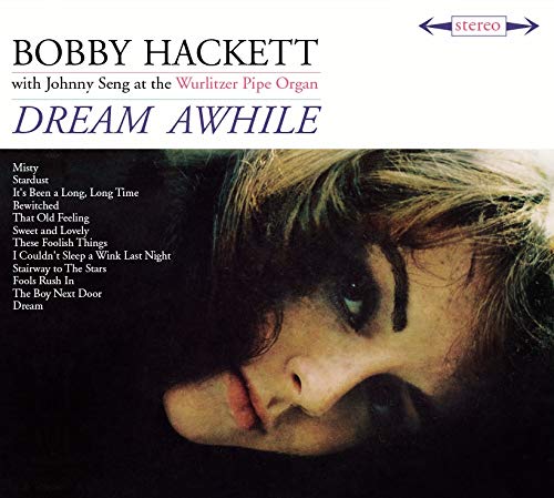 "CD cover with a man's face and tracklist, titled 'Dream Awhile' by Bobby Hackett."