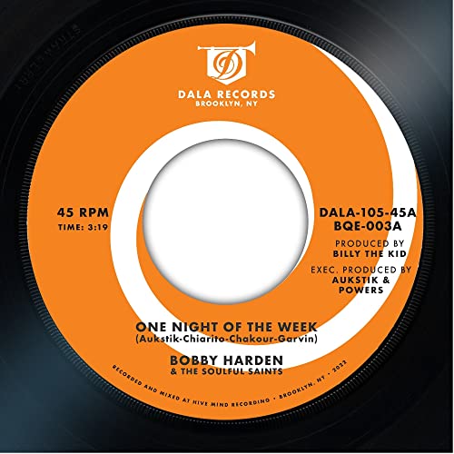 Orange vinyl record label with black text and central hole, “One Night of the Week.”