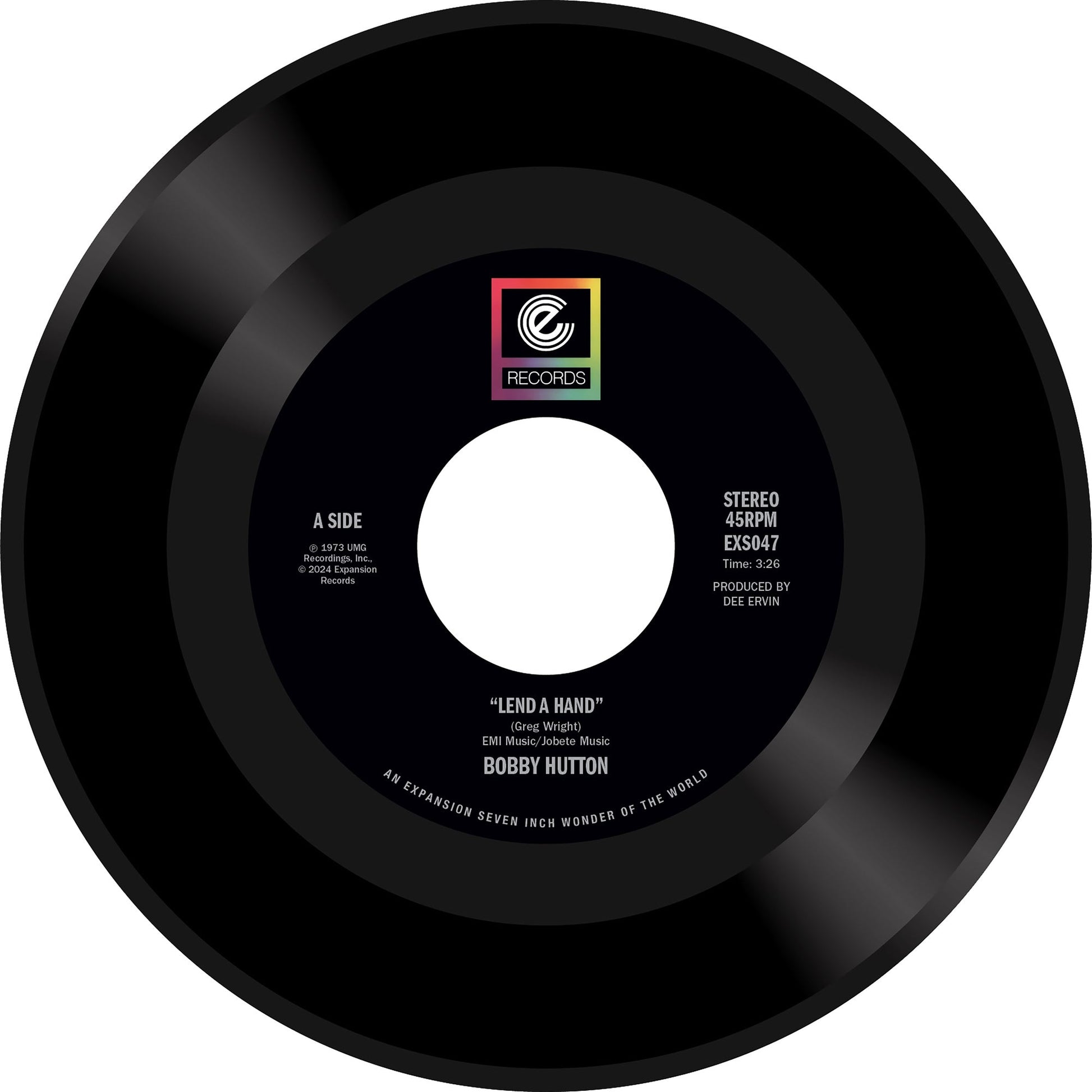 Vinyl record label for Bobby Hutton’s “Lend A Hand” with blue background.