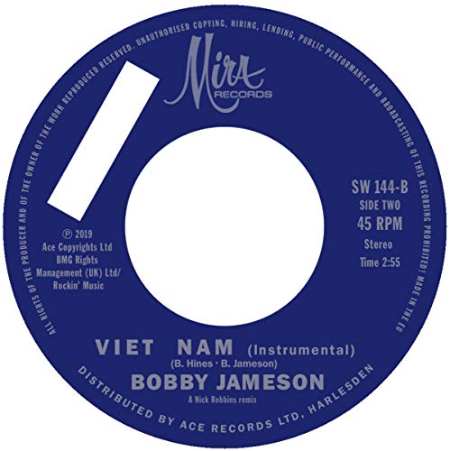 Blue 7-inch vinyl record label with "Bobby Jameson - Viet Nam (Instrumental)".