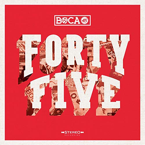 Red album cover with "Forty Five" in large white letters, filled with collaged images.