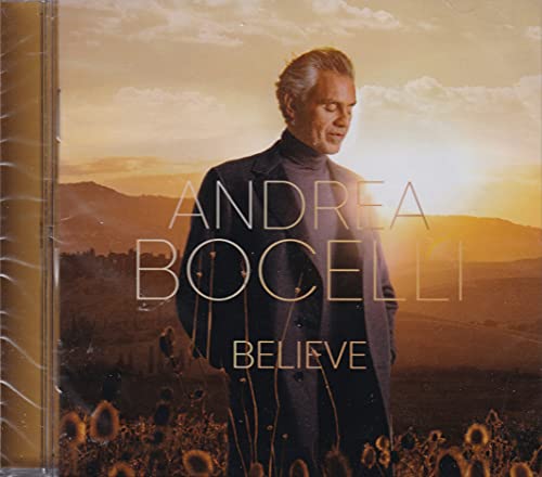 Andrea Bocelli album cover, "Believe," with a sunset landscape backdrop.