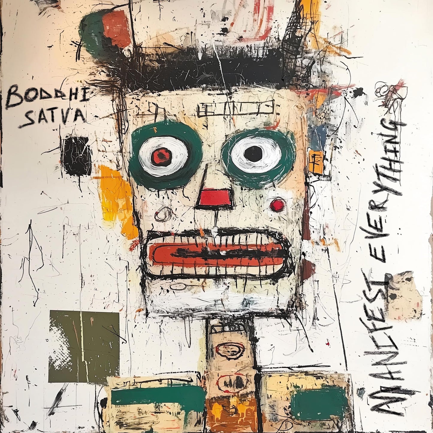 Abstract portrait of a face with large eyes and bold brushstrokes.