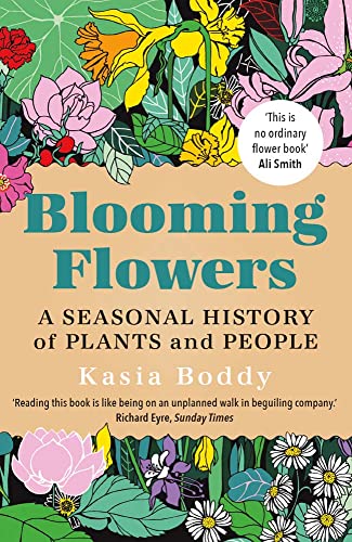 Book cover with colorful floral illustrations and the title “Blooming Flowers.”