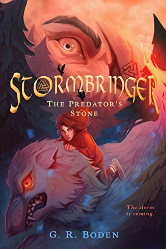 Book cover: child riding a wolf with a giant face looming above.