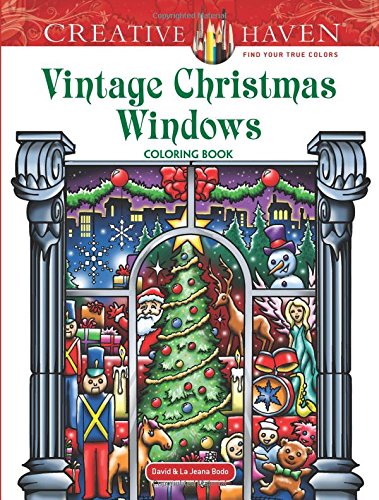 Coloring book cover featuring a festive Christmas window scene with a tree and toys.