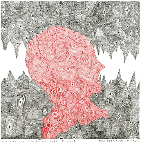 Album cover with a red head illustration surrounded by black and white patterns.