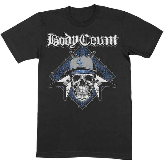Black Body Count t-shirt with skull and logo graphic, worn by a man.