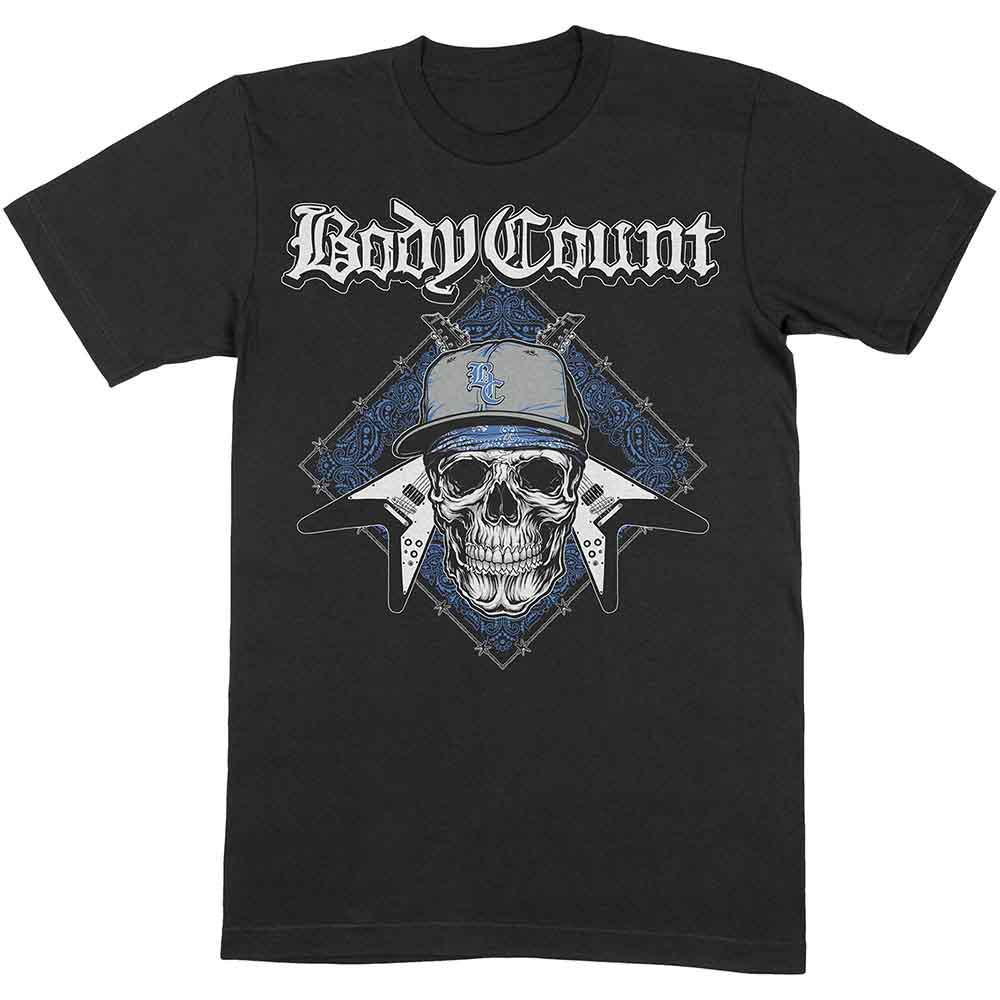 Black Body Count t-shirt with skull and logo graphic, worn by a man.