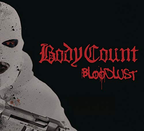 "Album cover with a white ski-masked figure holding a gun, against a black background."