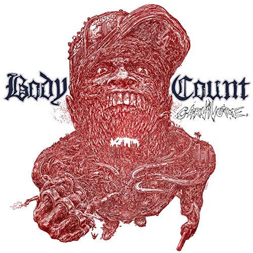 Album cover with red illustration of a man with sharp teeth on white background.