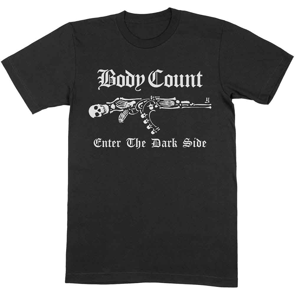 A man wearing a black Body Count t-shirt featuring a rifle and skull graphic.