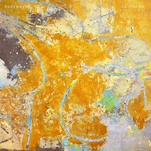The image is an abstract painting with orange, blue, and white hues.
