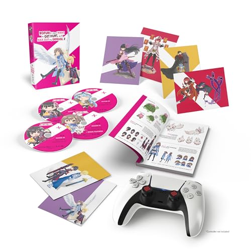 Bofuri" Blu-ray set with discs, art book, and gaming controller.