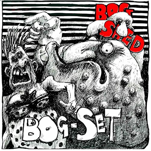 Black and white cartoon illustration of monstrous figures, text “Bog-Shed” and “Bog-Set”.