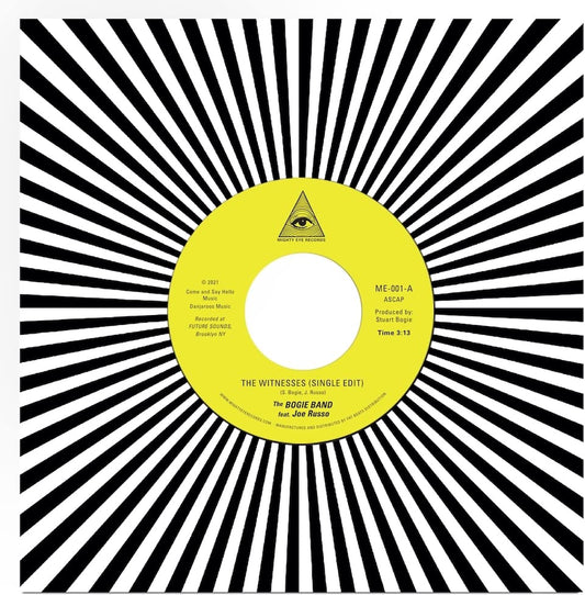 Yellow vinyl record with a black and white radial burst pattern.