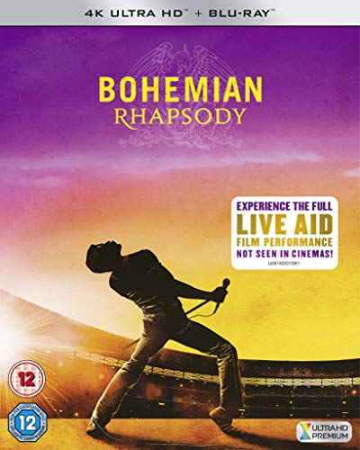"Blu-ray cover for 'Bohemian Rhapsody' featuring a silhouette of a man singing into a microphone."