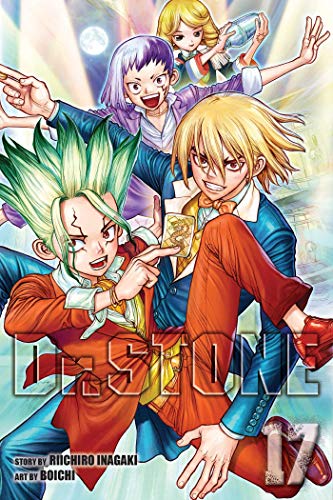 Manga cover featuring four anime characters with stylized hair and outfits above Dr. STONE text.