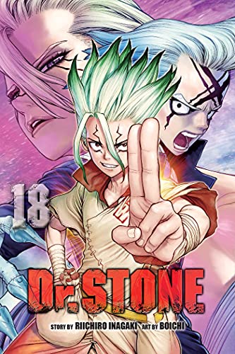Manga cover featuring Senku Ishigami with other characters against a purple and blue background.