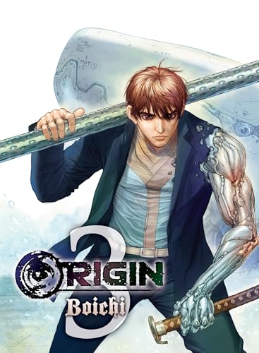 Man with robotic arm holding a large metal blade, manga cover.