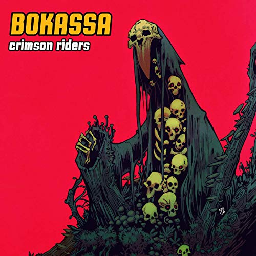 "Album cover art featuring a skeleton figure with skulls on a red background."