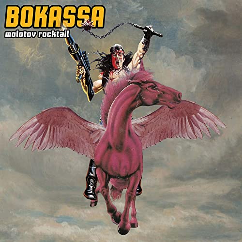 Album cover: winged horse with a rider holding a flail.