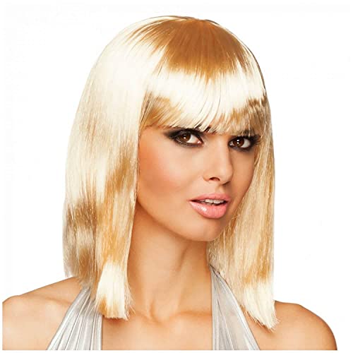 Blonde shoulder-length wig with straight fringe, modeled on a person.