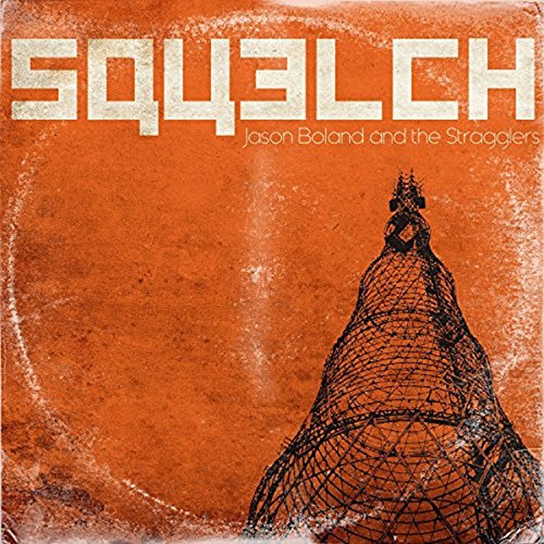 "Album cover with orange background, white title 'Squelch', and black wire mesh illustration."