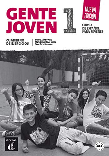 Spanish textbook cover with young people exercising outdoors, labeled "Gente Joven 1".
