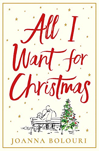 Book cover with red title, illustration of couple by a Christmas tree.